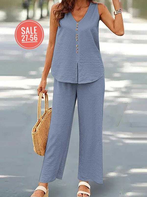 женский повседневный однотонный жилет с v-образным вырезом и широкими брюками,женский брючный костюм,костюм брючный повседневный,женский костюм,брючный костюм летний женский