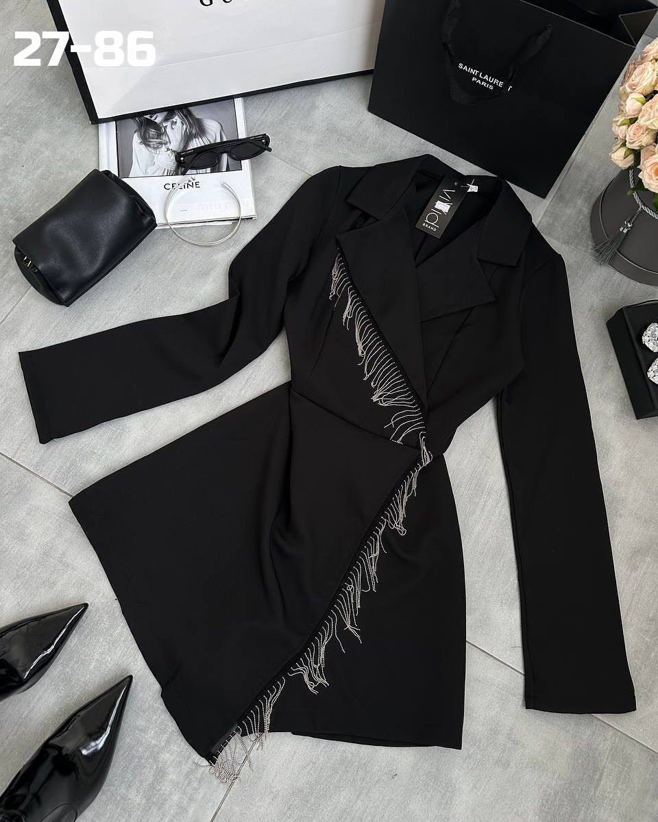 стильное платье пиджак с цепочками,платье пиджак,платье пиджак на запах с бахромой из страз,платье пиджак со стразами,женское платье - пиджак с цепочками черное