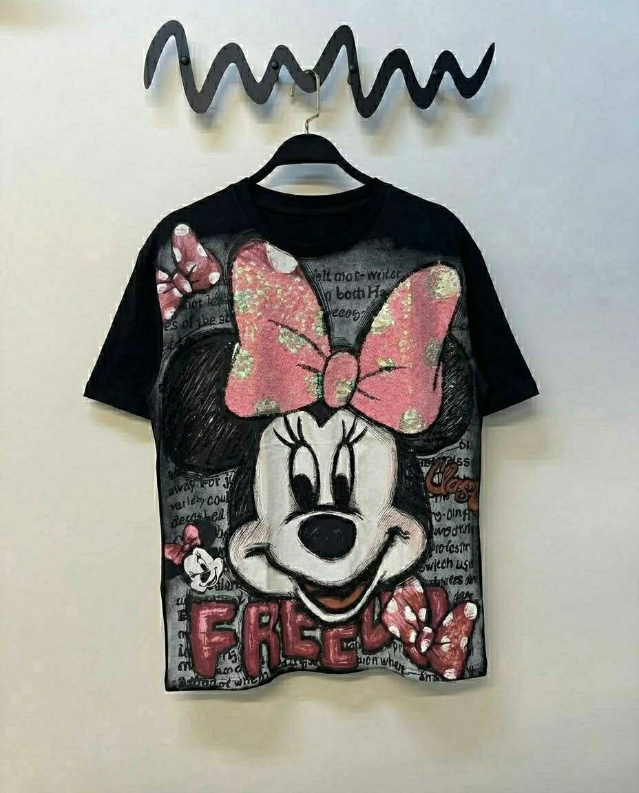 футболка оверсайз с принтом мики маус fashion lux,футболка оверсайз со стразам,женская футболка,футболка женская оверсайз,футболки оверсайз с принтами