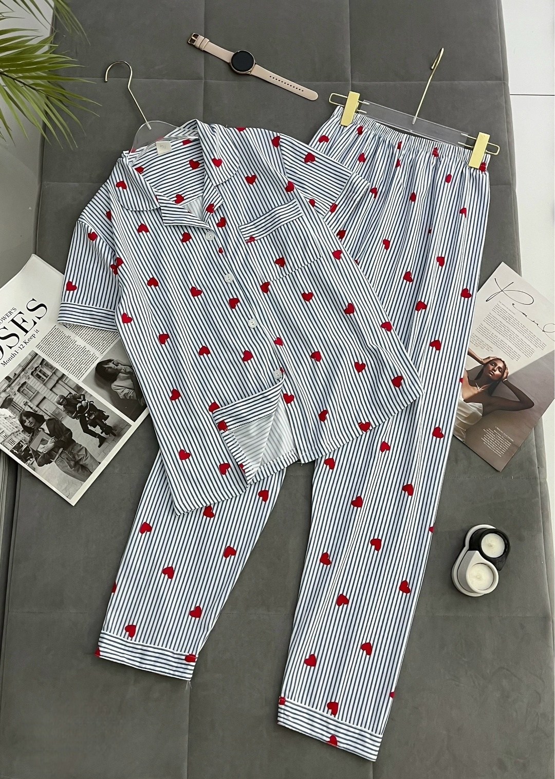 домашняя пижама со штанами и рубашкой с сердечками q&h fashion,самая удобная женская пижама со штанами и рубашкой сердечками,женская пижама с сердечками stayhome,пижама женская с брюками m,l,xl,xxl,с