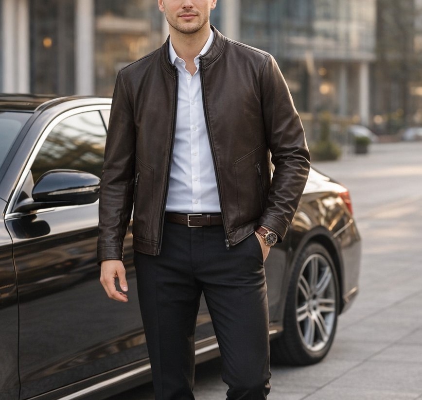 мужская кожаная куртка,кожаная куртка,мужская кожаная куртка с классическими черными брюками,men's racer jacket in black leather,мужской стиль