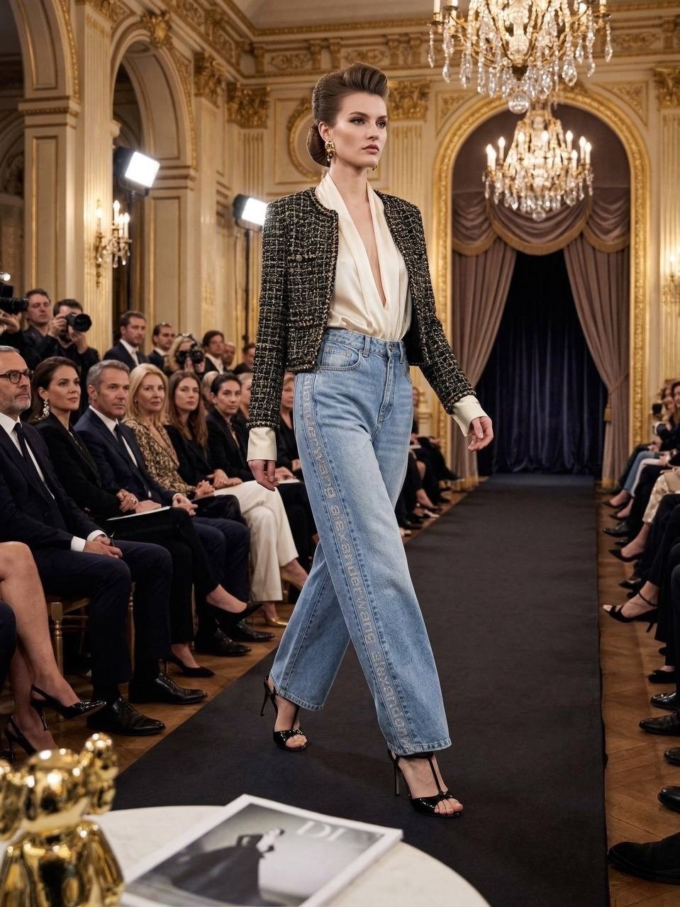 джинсы и жакет в стиле шанель,джинсы клеш,модные джинсы,твидовый жакет chanel с джинсами,модные образы