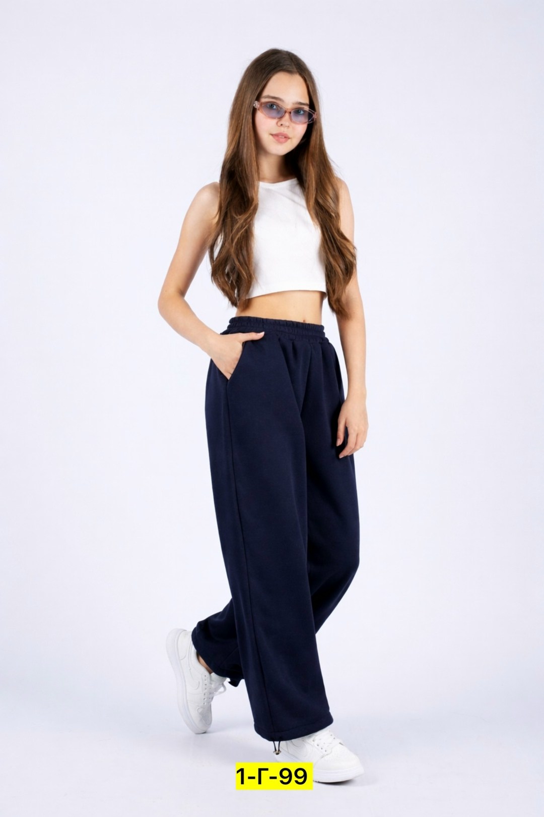брюки-палаццо с боковыми карманами из футера для девочки looklie синий,брюки для девочки палаццо,брюки для девочек,школьные брюки для девочек широкие,брюки спортивные для девочек