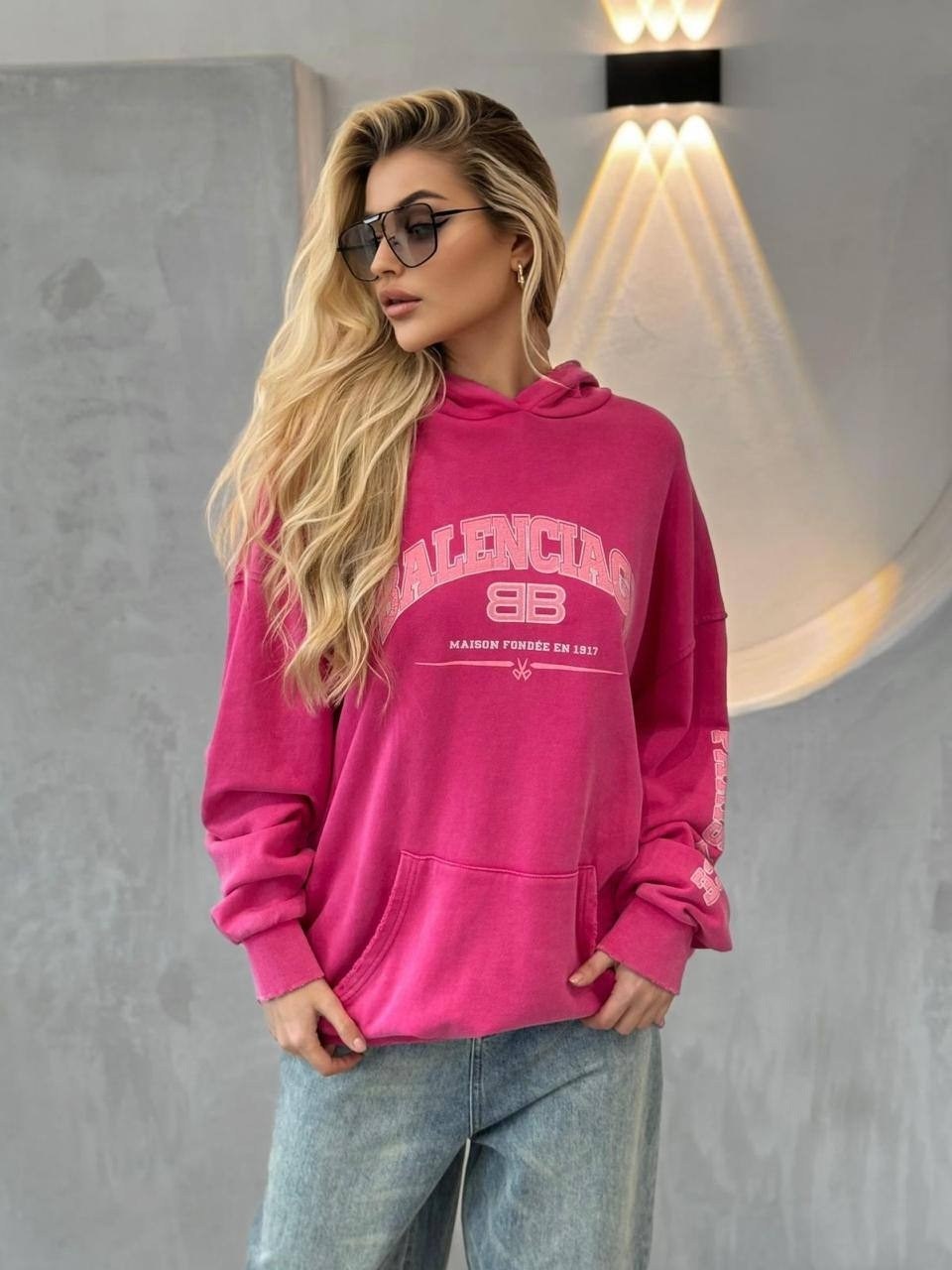 худи оверсайз со стразами balenciaga by gor,свитшот женская,свитшот розовый,толстовка женская,розовая толстовка