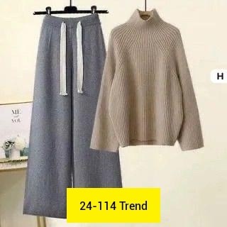 женский комплект из большого свитера с высоким воротником и широких брюк,широкие брюки,брюки комплект,брюки с широкими штанинами,теплый вязаный костюм