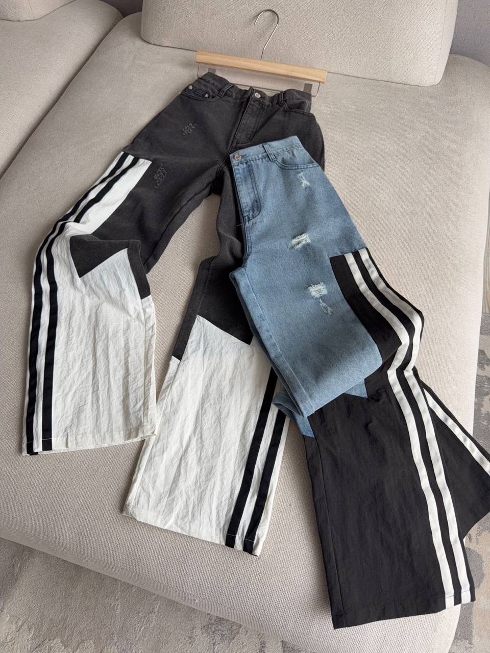 комбинированные джинсы,джинсы в полоску,джинсы модные,джинсы широкие,джинсы с лампасами