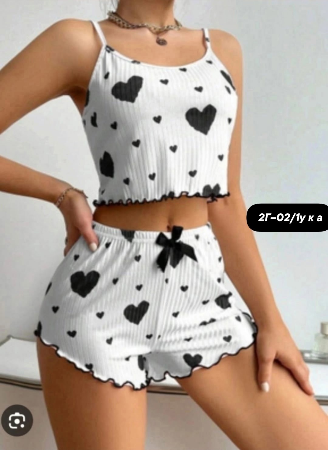 пижама женская с шортами и топом белый в сердечко,ночная пижама женская с топом и шортами c воланами в сердечко,пижама женская с шортами,пижама женская,пижама для женщин