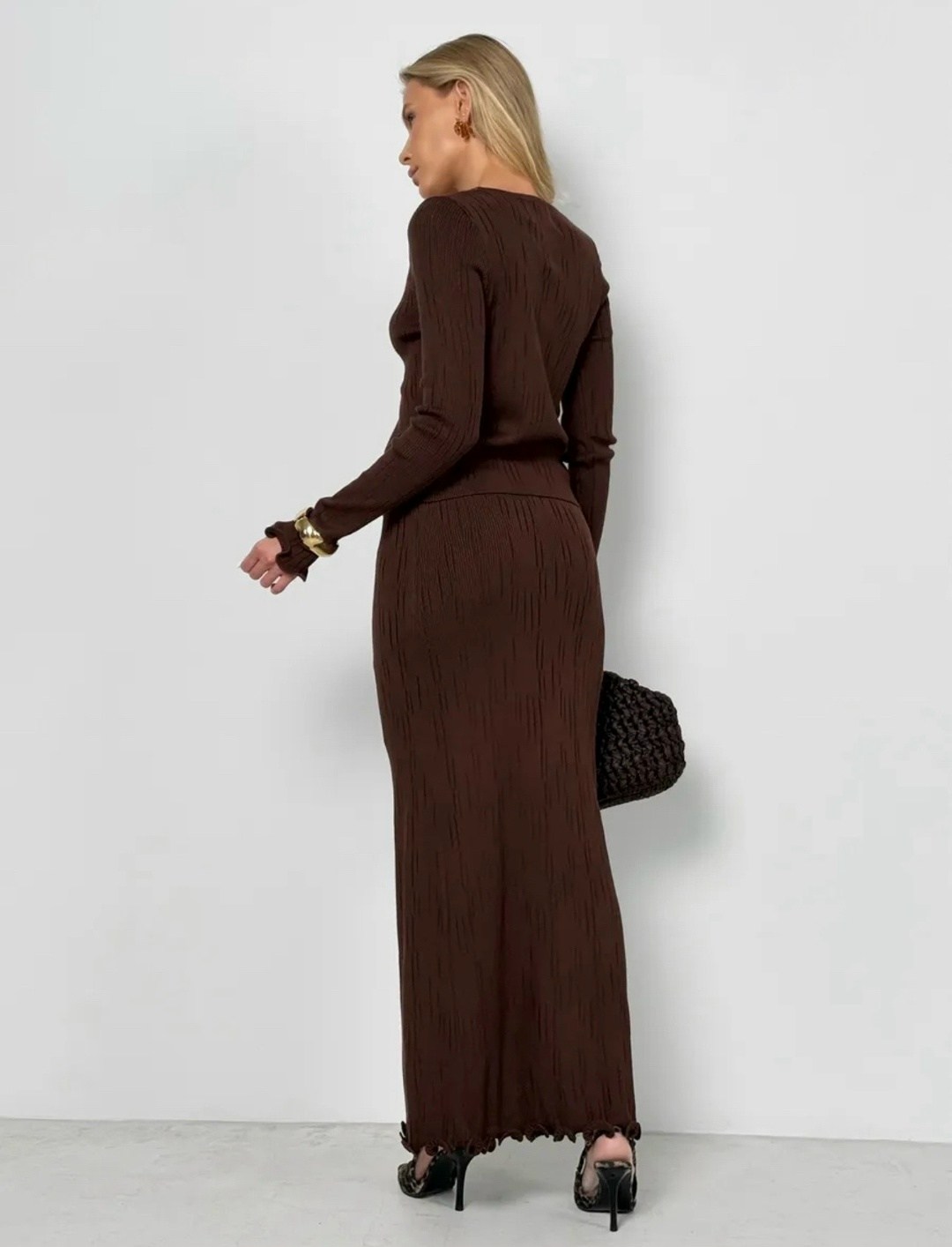 костюм #кт4050 шоколадный,трикотажный костюм с юбкой,костюм с юбкой,трикотажный костюм в элегантном шоколадном,кардиган