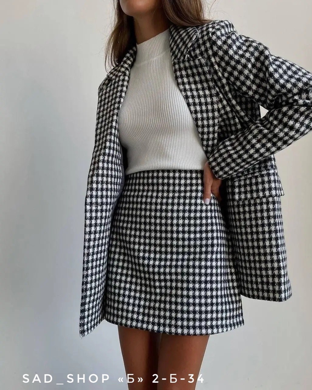 твидовый костюм,костюм(пиджак и юбка),твидовый костюм с мини юбкой,костюм пиджак и юбка шерсть гусиная лапка,твидовый костюм с юбкой