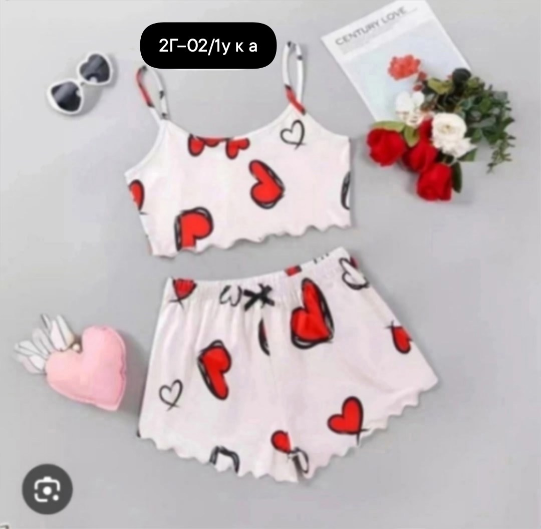 пижама женская с шортами и топом белый в сердечко,ночная пижама женская с топом и шортами c воланами в сердечко,пижама женская с шортами,пижама женская,пижама для женщин
