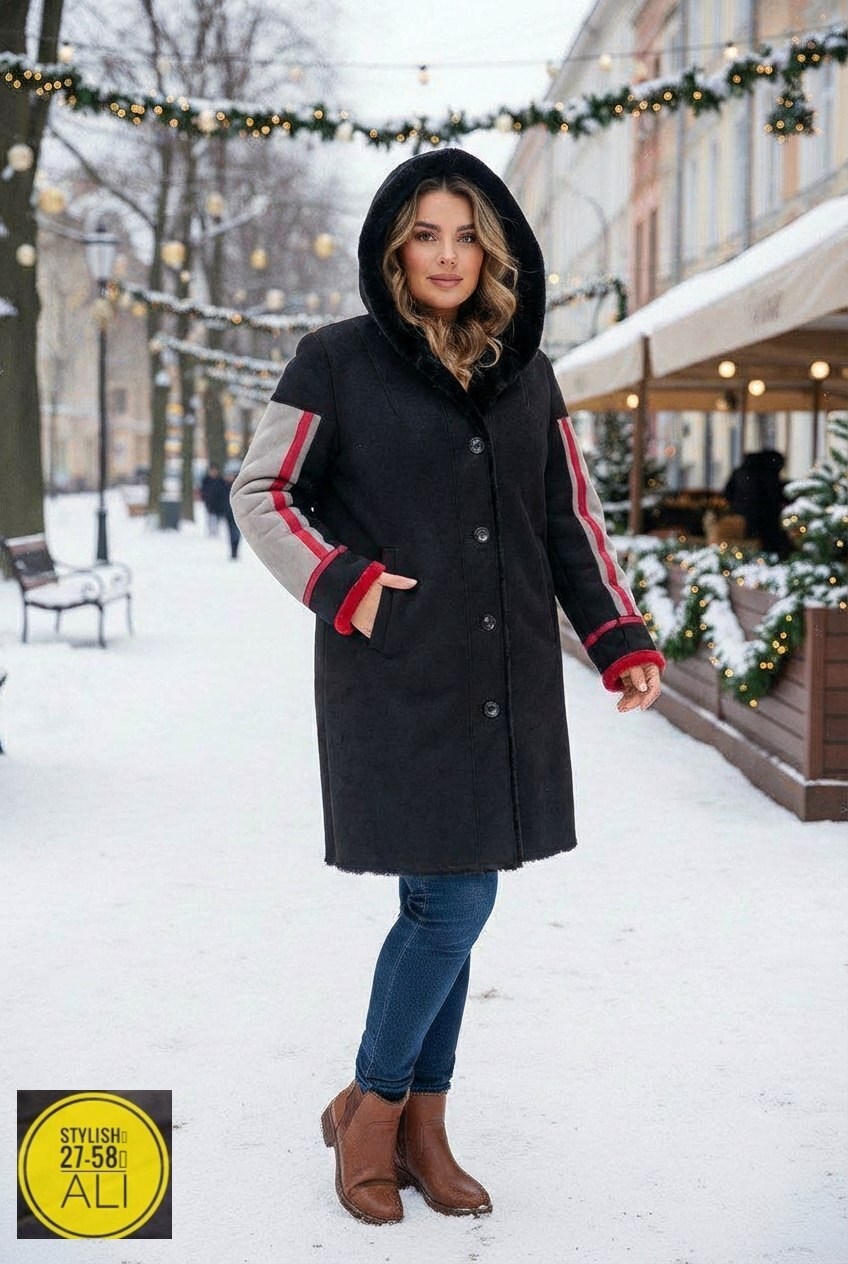 шуба в спортивном стиле,дизайнерская экошуба в спортивном стиле из комбинированного экомеха,пальто зимнее женское,мутоновая шуба,шуба из мутона с капюшоном отделка норка