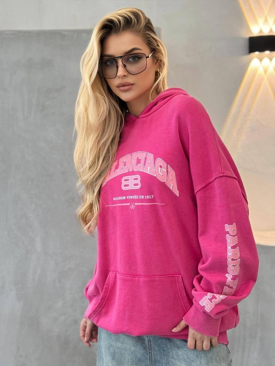 худи оверсайз со стразами balenciaga by gor,свитшот женская,свитшот розовый,толстовка женская,розовая толстовка