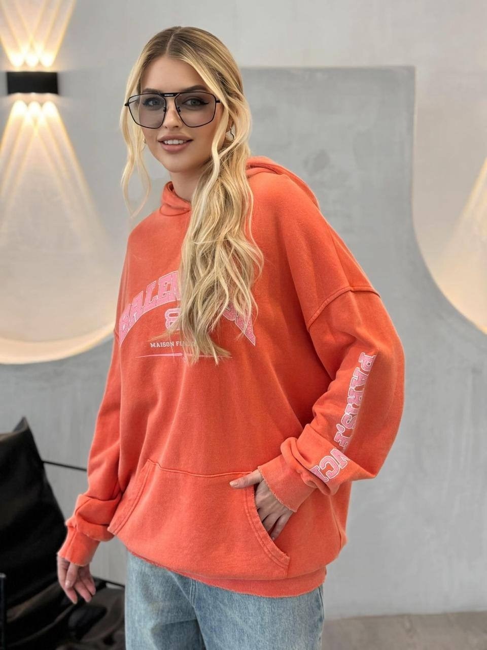 худи оверсайз со стразами balenciaga by gor,свитшот женская,свитшот розовый,толстовка женская,розовая толстовка