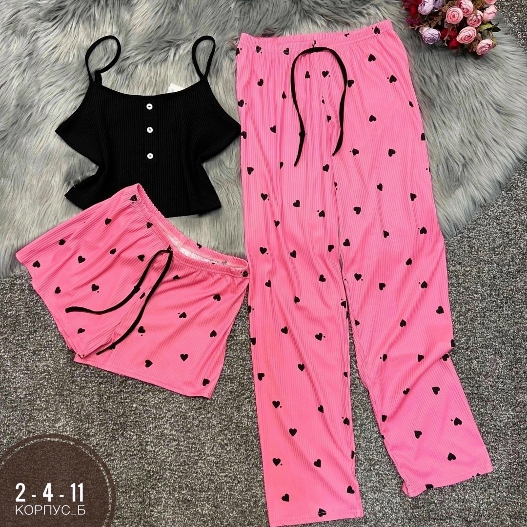 женская стильная пижама тройка,пижама с сердечками домашняя комплект штаны,женский комплект для сна,пижама женская комплект,пижама 3 в 1 майка, шорты, брюки momo_top 246023749