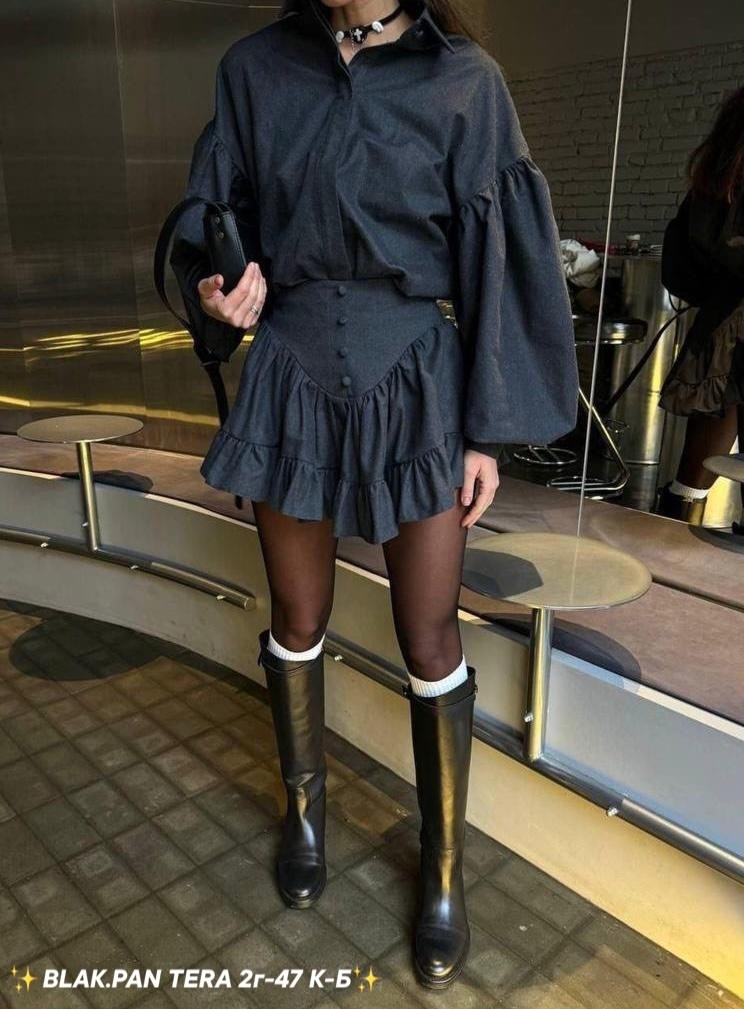 женский костюм рубашка+юбка,костюм с объемными рукавами и юбкой с воланами,костюм с рубашкой и юбкой,женский костюм двоечка (рубашка+юбка),костюм двойка с юбкой