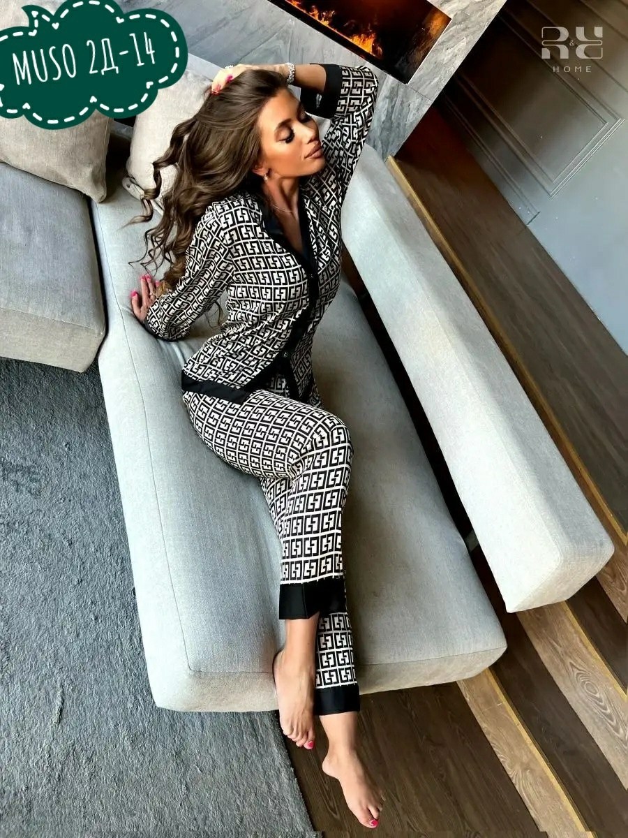 пижама шелковая фенди,пижама женская,пижама домашний костюм,пижама фенди,пижама со штанами шелковая одежда для дома vilenahomes