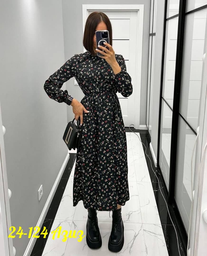 платье женское,платье женское черное в цветочек с длинным рукавом,женское платье миди,платье,платье