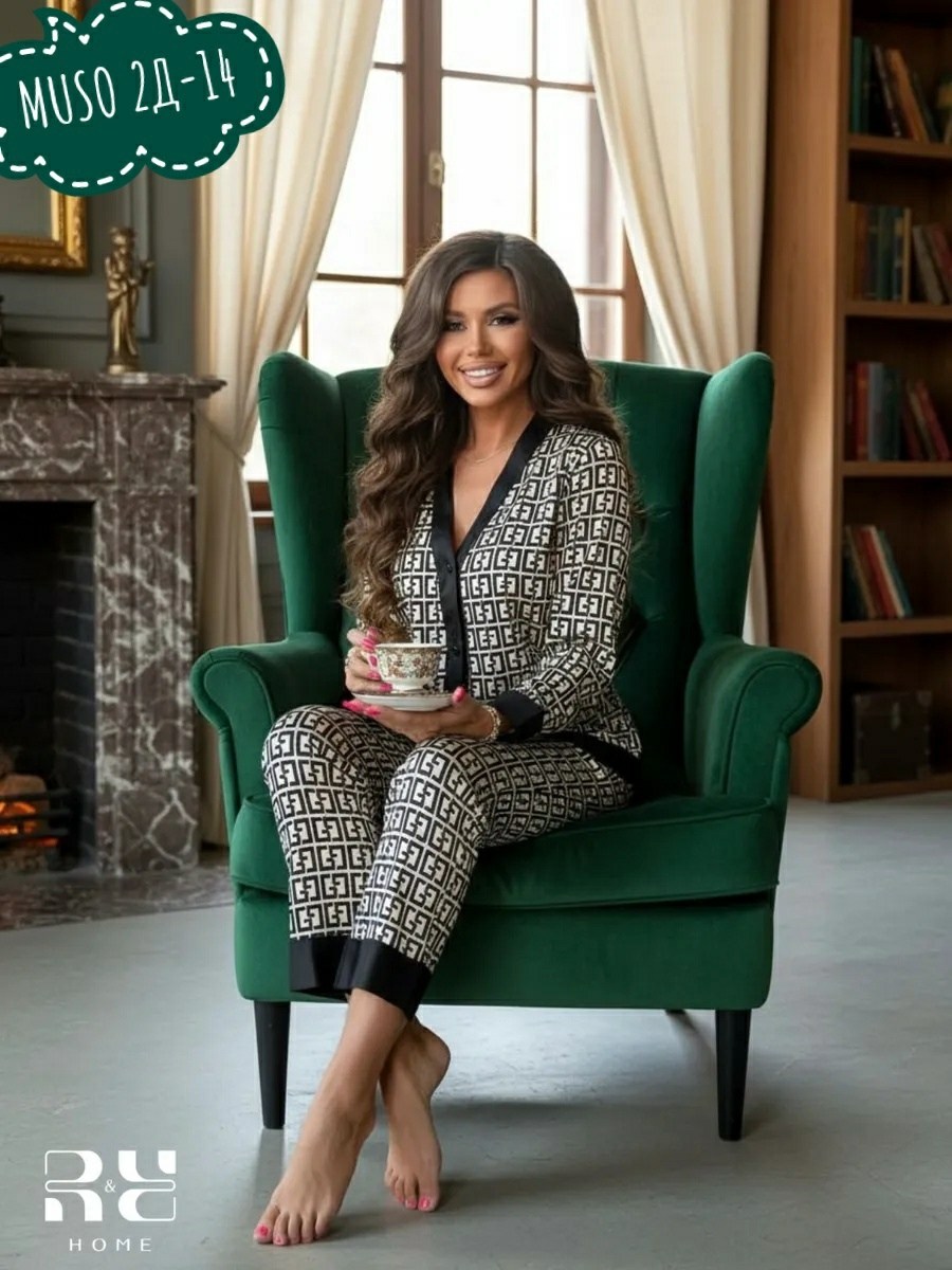 пижама шелковая фенди,пижама женская,пижама домашний костюм,пижама фенди,пижама со штанами шелковая одежда для дома vilenahomes