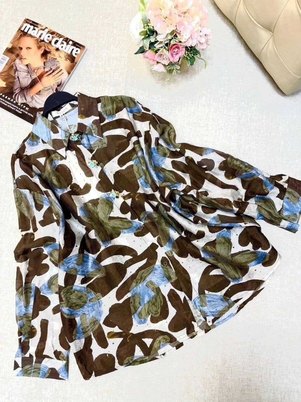 женская рубашка,рубашка с цветочным принтом,курортная льняная рубашка с цветочным принтом на пуговицах спереди 120% lino,женская блузка,рубашка с принтом