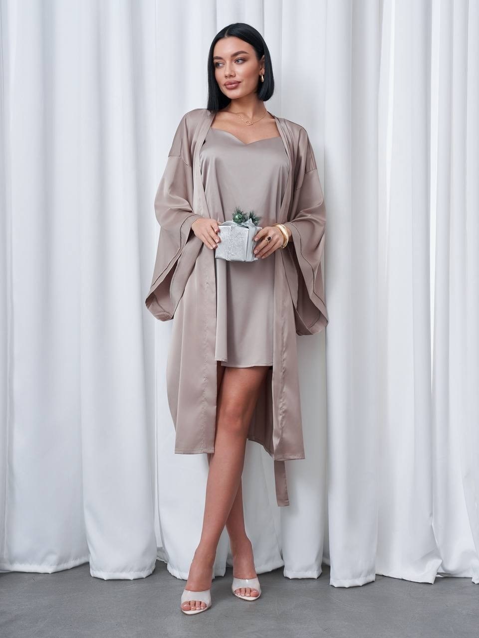 комплект пеньюар,шелковый халат,комплект халат и сорочка,халат пеньюар,халат женский шелковый