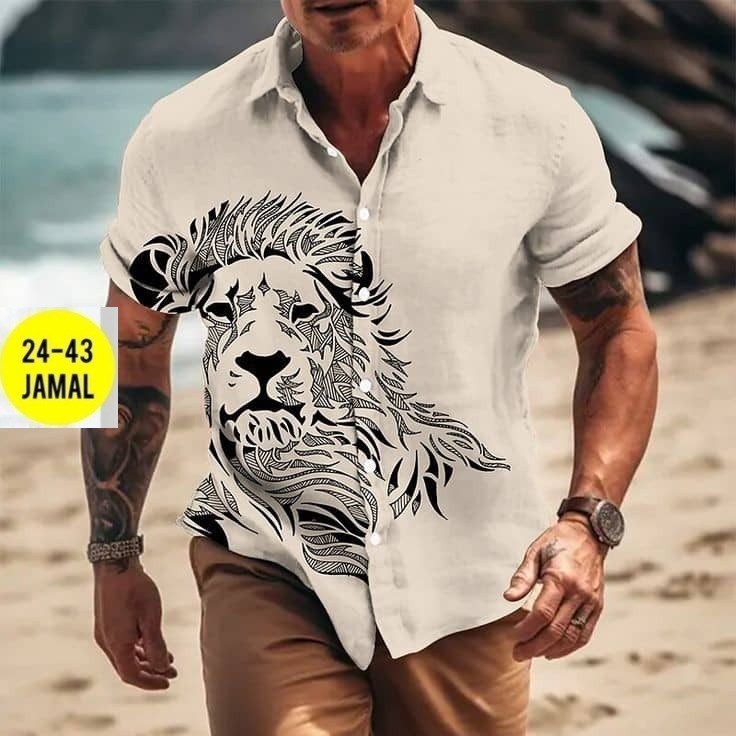 мужская вискозная рубашка с принтом льва,мужская футболка с принтом,рубашка мужская с короткими рукавами,мужская рубашка с принтом,футболки мужские
