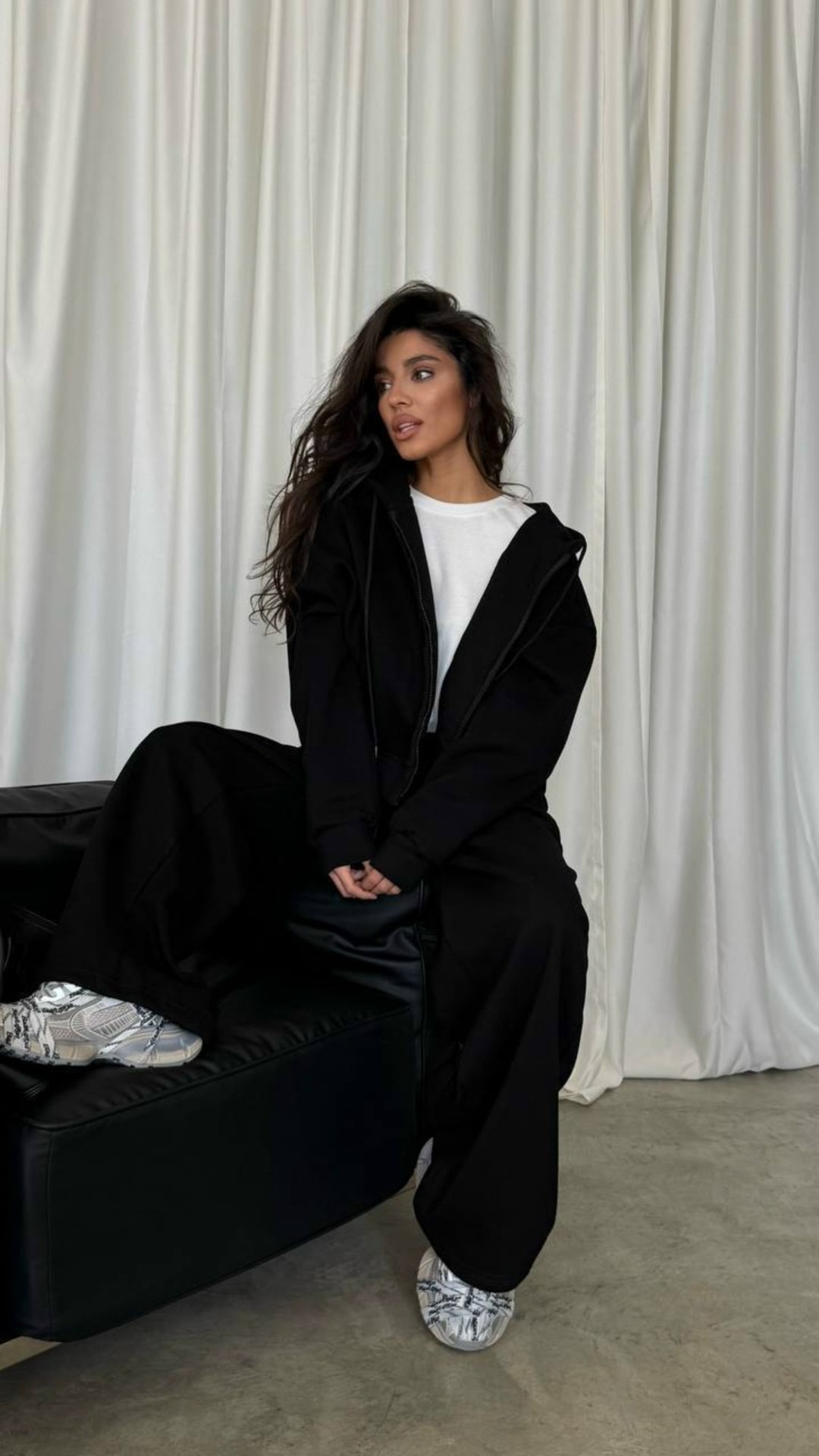 женские спортивные костюмы,костюм женский,спортивный костюм,костюм базовый костюм оверсайз зип худи и штаны палаццо,костюм черный