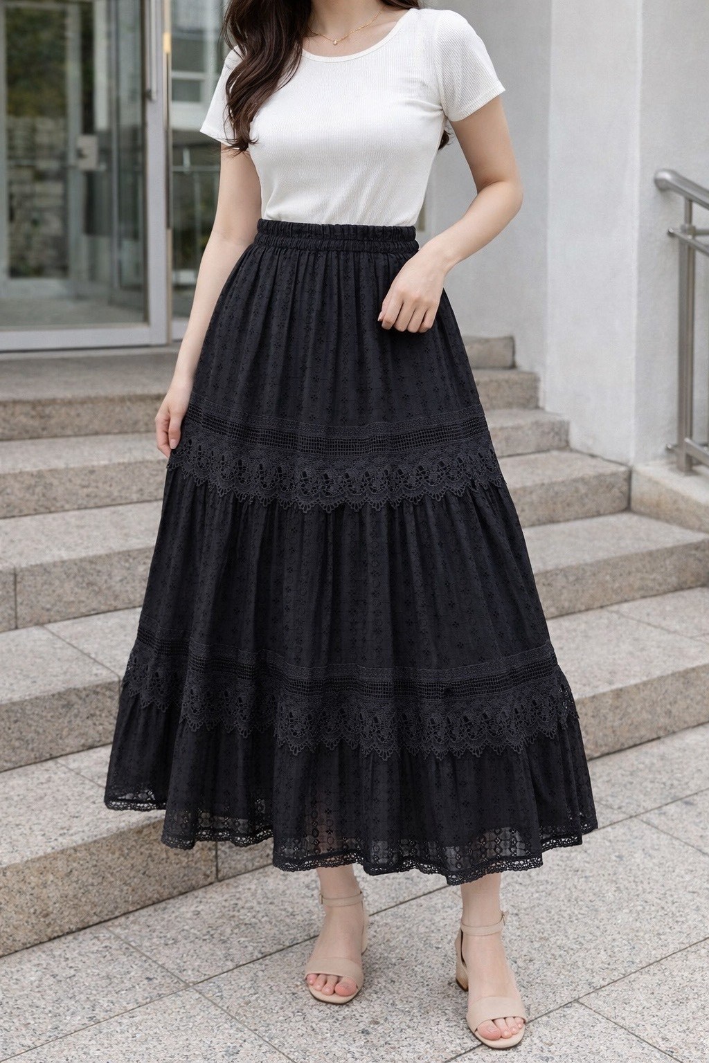 юбка с кружевами,кружевная юбка,ярусная юбка с кружевом,женская винтажная кружевная юбка johnature,ажурная юбка