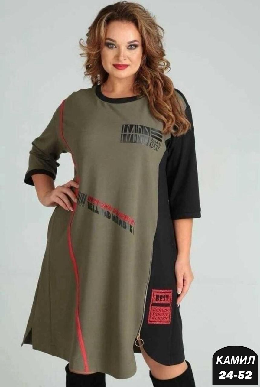 платье sandyna 13628 хаки,платье большие размеры,платье трикотажное женское,платье женская,платье комбинированное