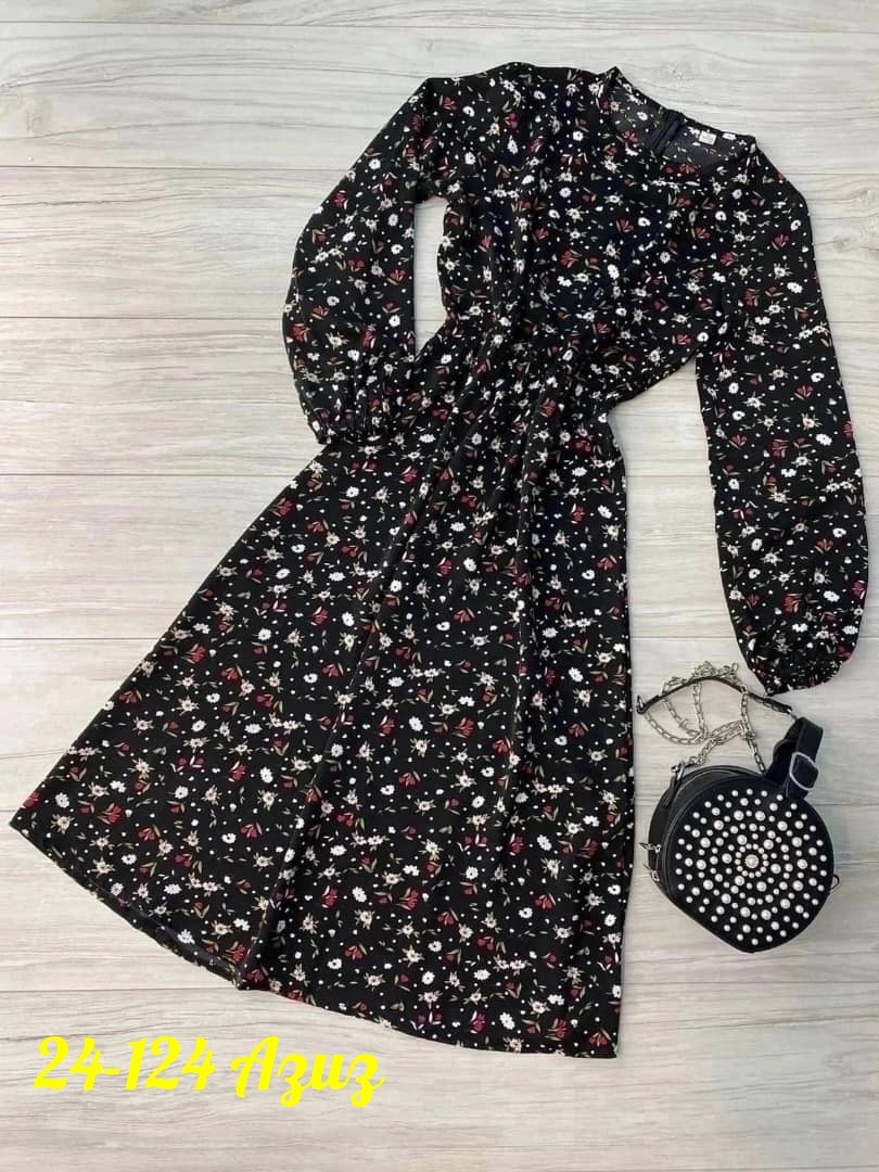 платье женское,платье женское черное в цветочек с длинным рукавом,женское платье миди,платье,платье