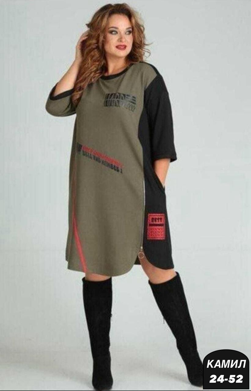 платье sandyna 13628 хаки,платье большие размеры,платье трикотажное женское,платье женская,платье комбинированное