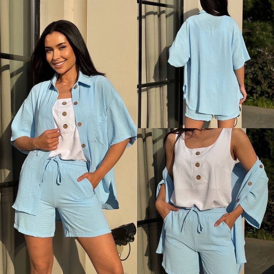 летний костюм с шортами и рубашкой,костюм шорты рубашка,модные костюмы,костюм шортами,женский костюм с шортами