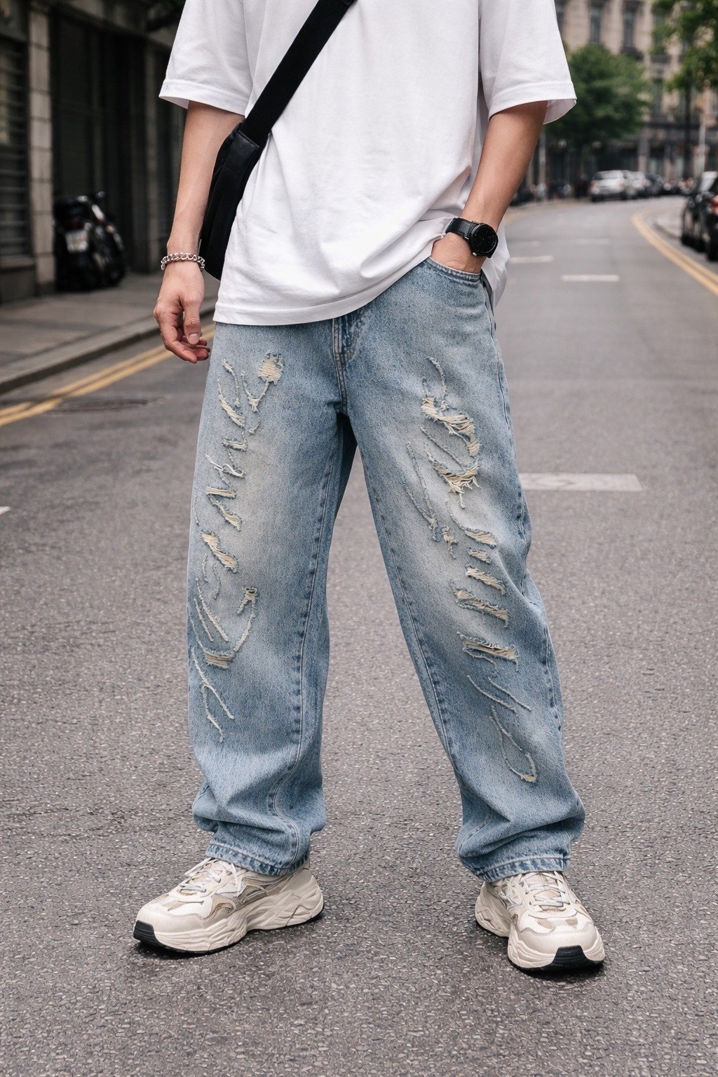 потертые синие рваные джинсы большого размера для мужчин,джинсы мужские широкие,джинсы мужские рваные,мужские джинсы,модные мужские джинсы