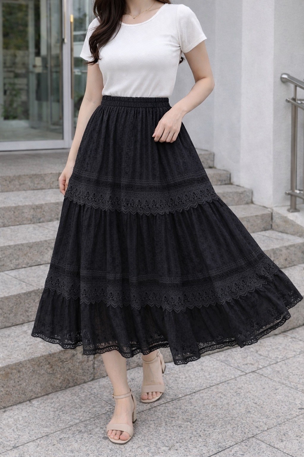 юбка с кружевами,кружевная юбка,ярусная юбка с кружевом,женская винтажная кружевная юбка johnature,ажурная юбка