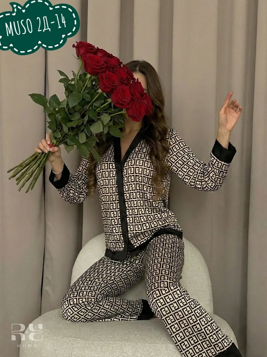 пижама шелковая фенди,пижама женская,пижама домашний костюм,пижама фенди,пижама со штанами шелковая одежда для дома vilenahomes