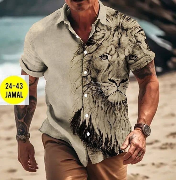 мужская вискозная рубашка с принтом льва,мужская футболка с принтом,рубашка мужская с короткими рукавами,мужская рубашка с принтом,футболки мужские