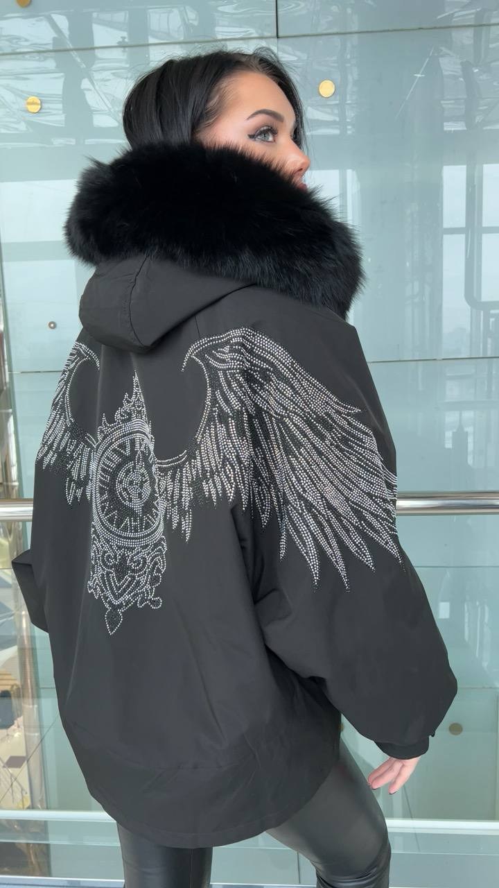 парка бомбер с мехом песца,женская зимняя куртка,куртка женская черная,куртка всесезонная-бомбер с капюшоном оверсайз крылья,женская куртка