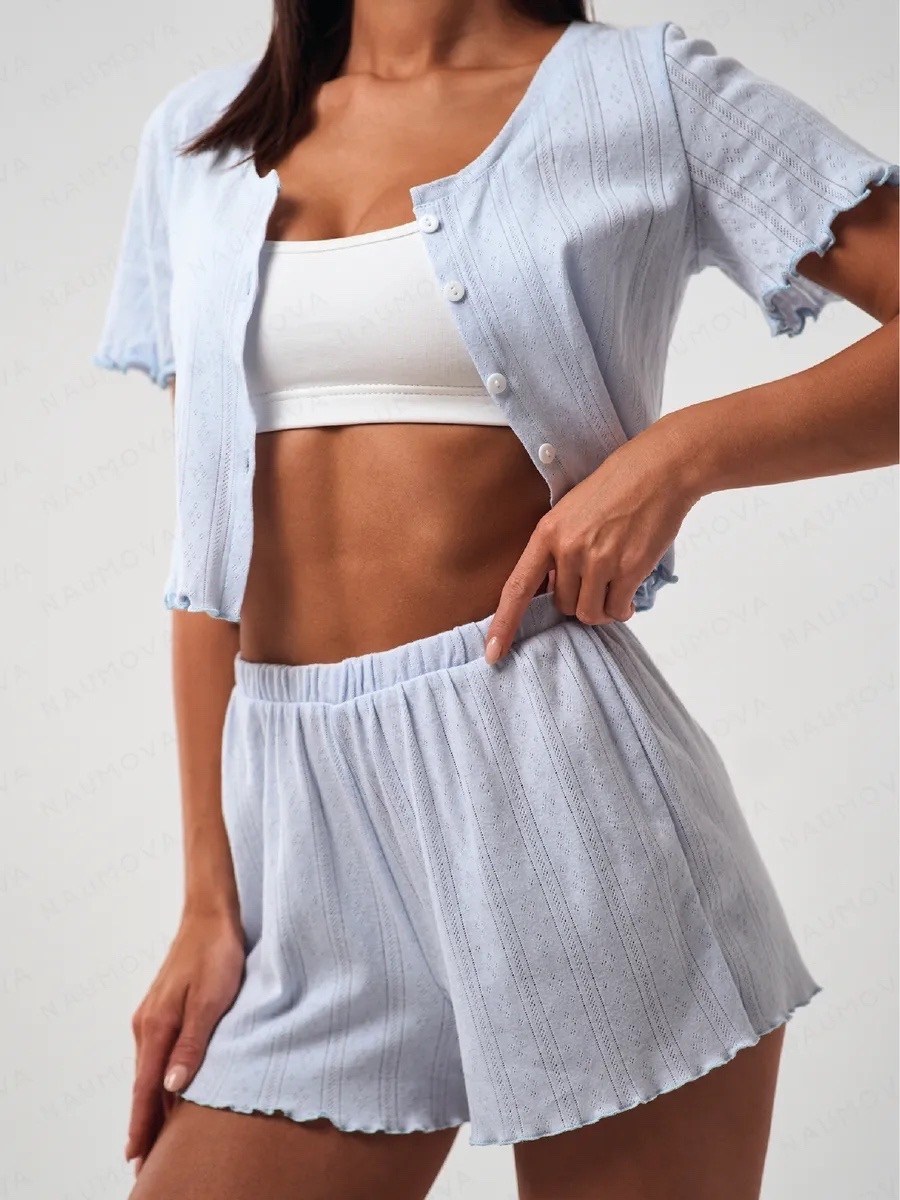 пижама кофта и шорты,комплект женской пижамы,пижама с шортами хлопок,женская пижама с шортами из ажурного хлопка happyfox,пижама женская