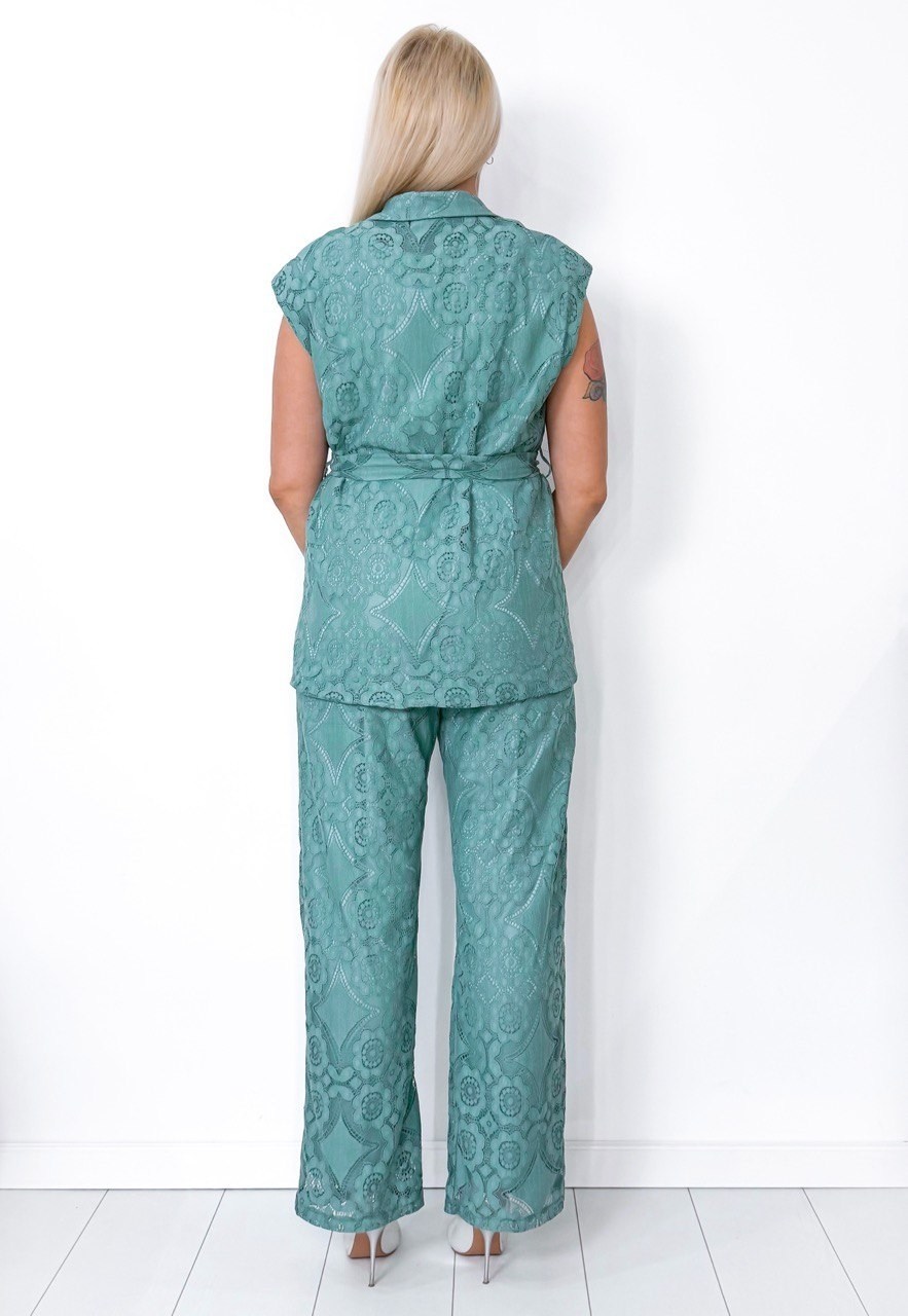 брючный костюм к5-5450/4 бирюзовый,брючный костюм к5-5450/4,костюм двойка гипюр,кружевной мятный брючный костюм w-к5-5450/4,костюм женский wisell к5-5450 голубой 48 ru