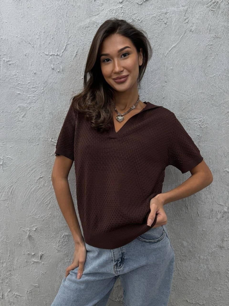 женская вязаная футболка-поло,вязаная футболка,женская вязаная футболка-поло happyfox,женская вязаная футболка-поло happy fox,женские джемпера