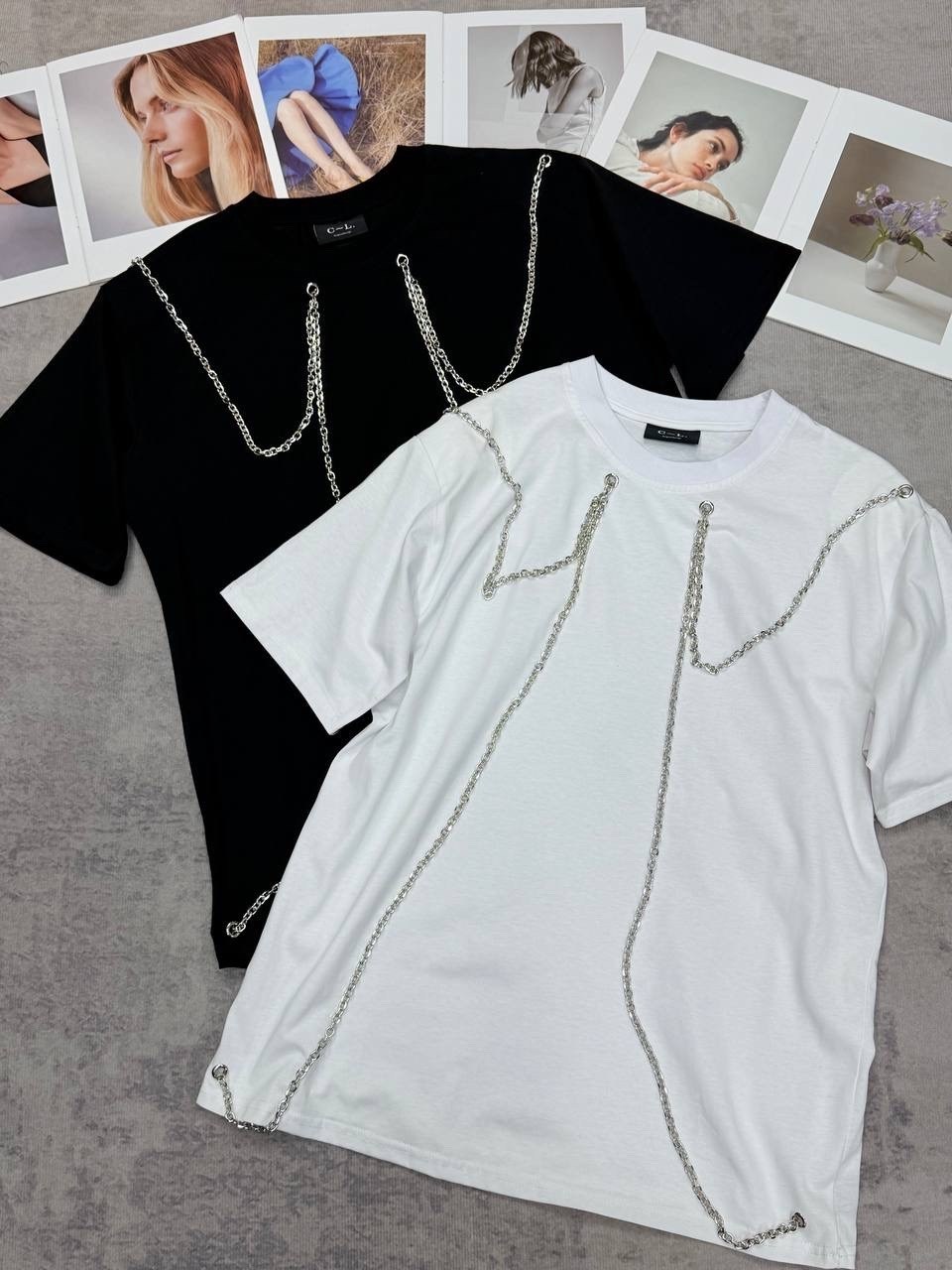 футболка с цепью,женская футболка,футболка с принтом,футболка,футболка оверсайз с цепочкой из страз sela