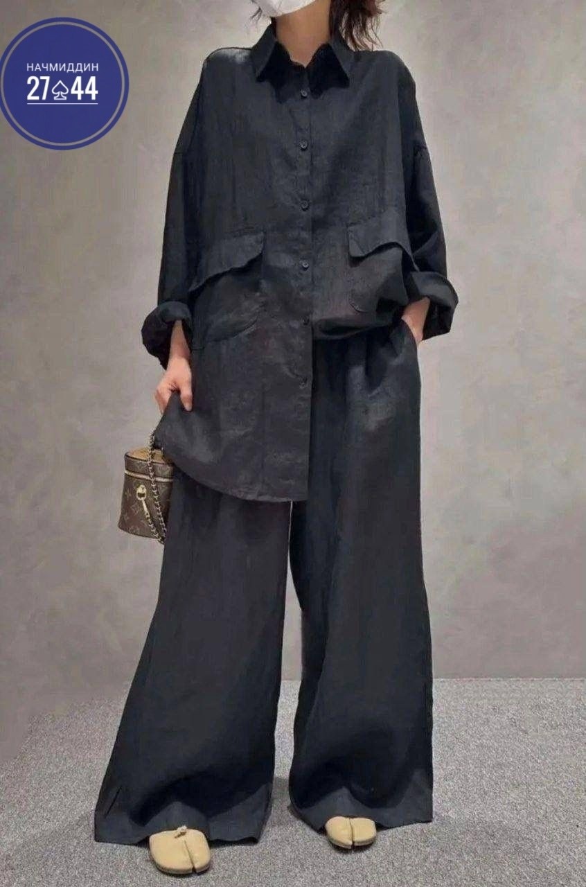 брючный костюм свободного кроя,льняной костюм женский,костюм льняной,костюм льняной женский двойка,костюм брючный льняной женский широкие брюки и рубашка moda-mo