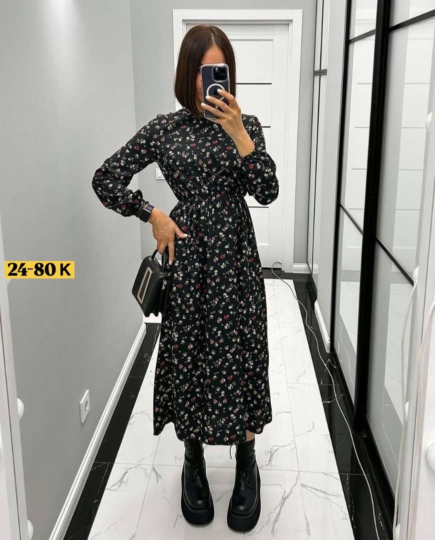 платье женское,женское платье миди,платье женское прадо,платье женское черное в цветочек с длинным рукавом,платье
