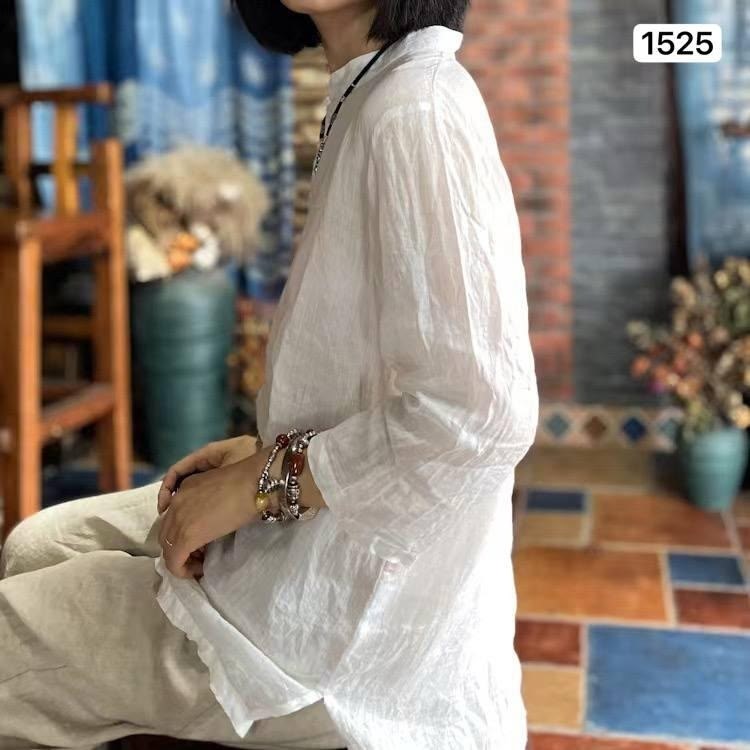 женская рубашка в китайском стиле johnature,женская рубашка из хлопка и льна,женская рубашка в китайском стиле,johnature женские рубашки в китайском стиле топы,льняная рубашка женская длинная