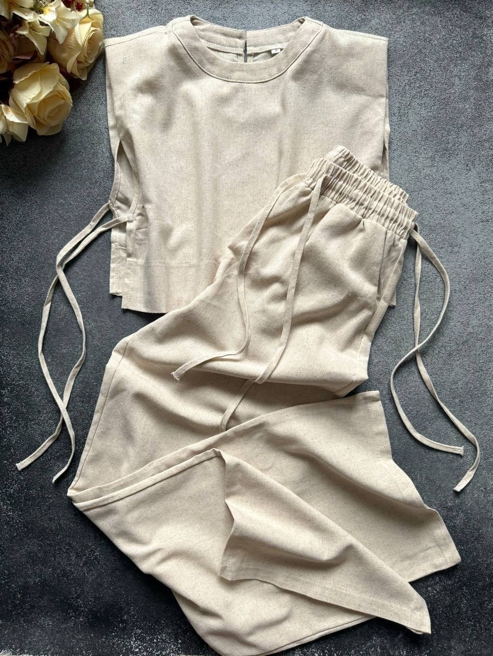 костюм из льна женский летний,льняной брючный костюм женский летний 2026 лук,льняной костюм со штанами,льняной костюм женский летний,брюки повседневные модные