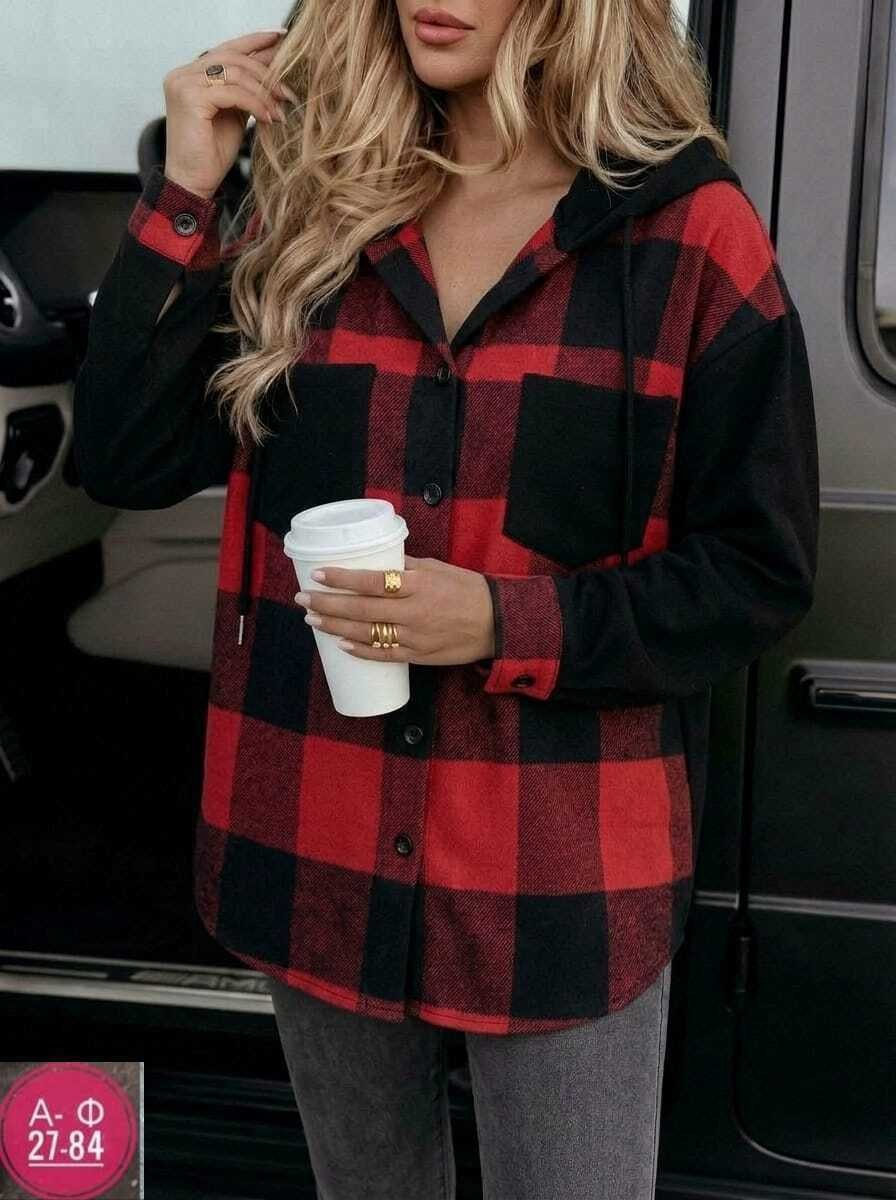 женская рубашка в клетку,рубашка женская удлиненная в клетку,женская рубашка,рубашка оверсайз в клетку с капюшоном,рубашка женская в клетку теплая