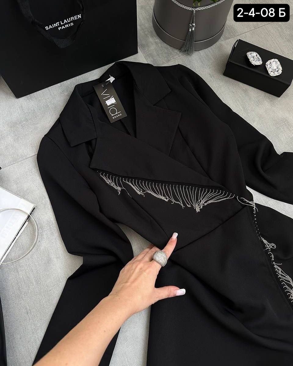 платье-пиджак,платье пиджак на запах с бахромой из страз,платье женское черное,платье пиджак с бахромой из страз,стильное платье пиджак