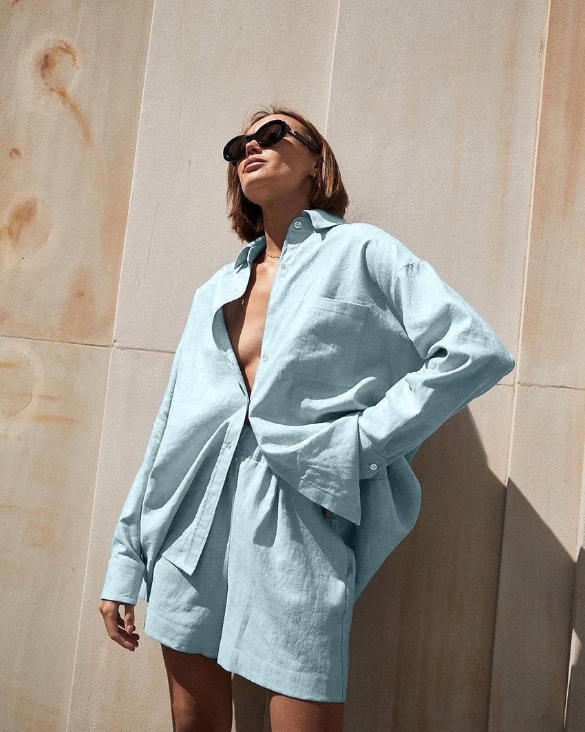 рубашка sova 11078,льняной костюм с шортами,костюм с шортами рубашкой,костюм льняной,летний женский костюм с шортами