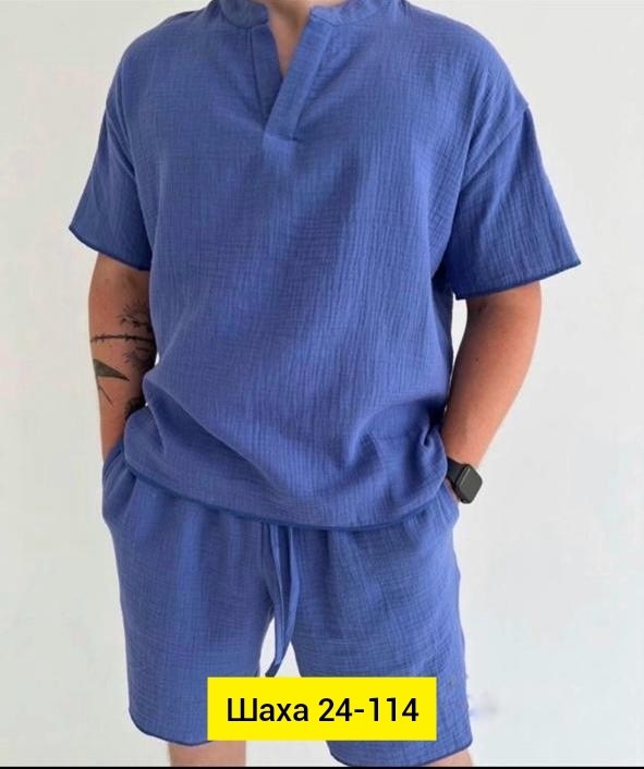 муслиновый мужской костюм с шортами,костюм летний мужской,мужской костюм с шортами,мужской летний костюм из муслина,костюм мужской с шортами и футболкой