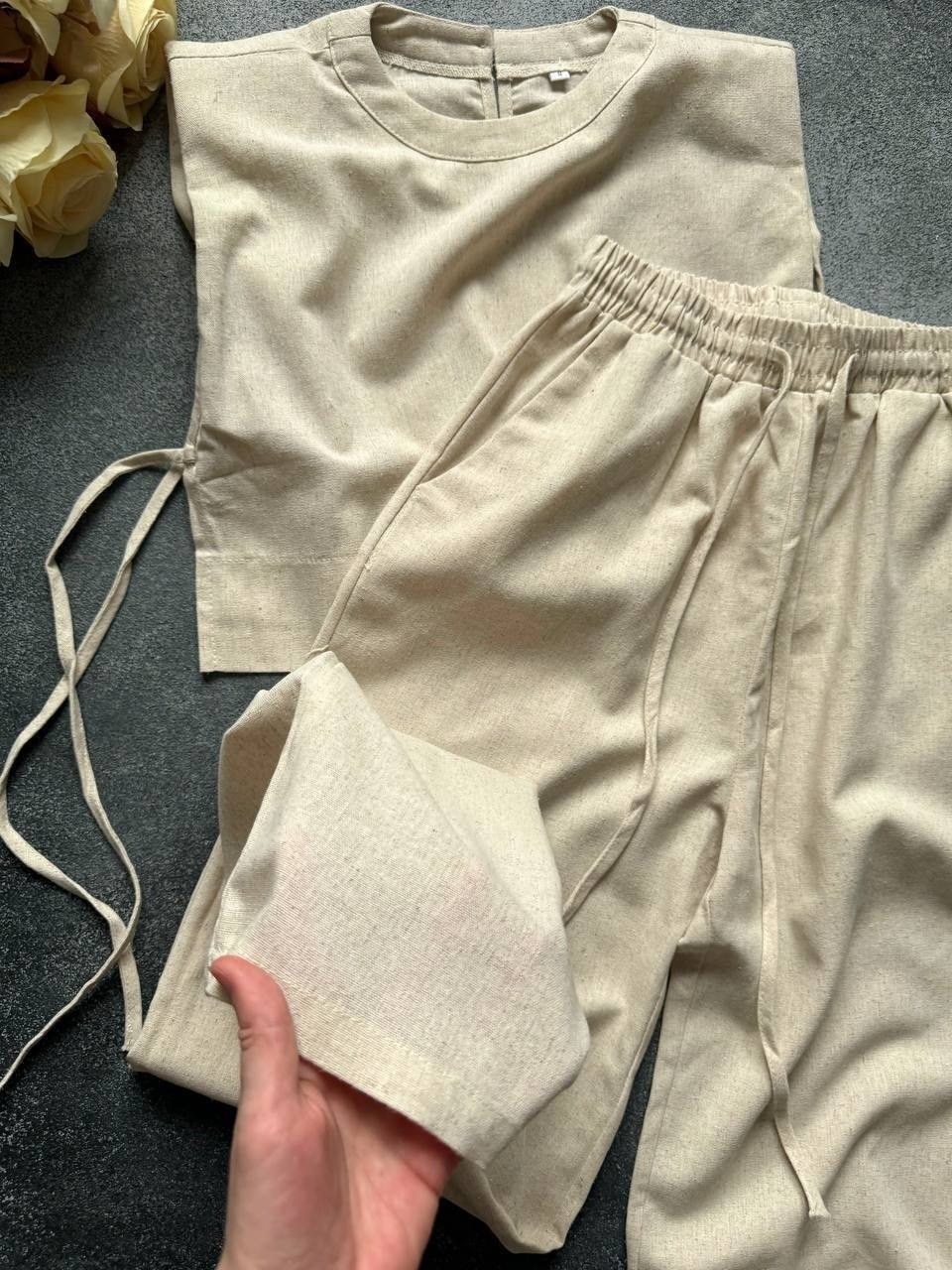 костюм из льна женский летний,льняной брючный костюм женский летний 2026 лук,льняной костюм со штанами,льняной костюм женский летний,брюки повседневные модные