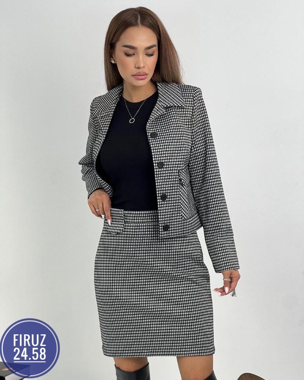 костюм деловой двойка с юбкой ms aycani,костюм твидовый с юбкой арт. 11603763,твидовый костюм с юбкой,костюм офисный двойка с юбкой,костюм двойка трикотаж